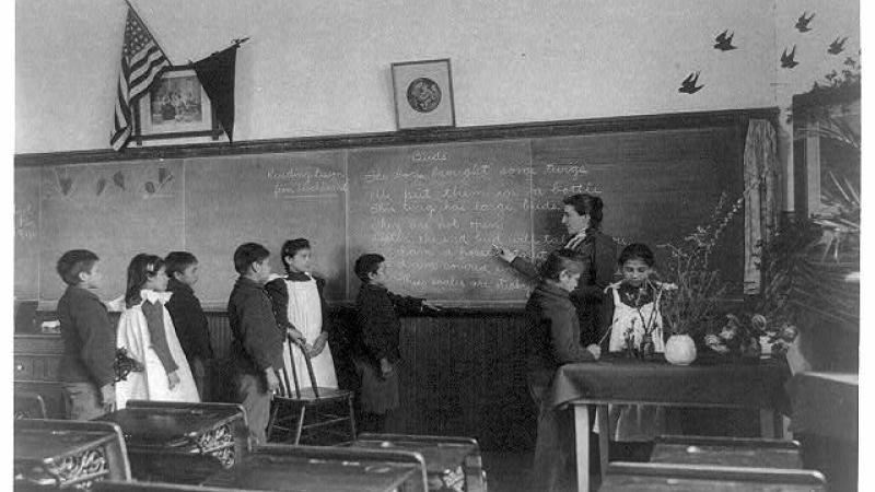 black and white photo of students at United States Indian School, Carlisle, Pennsylvania